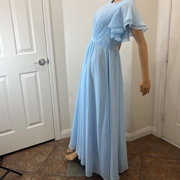 JJ’S House Formal Womans Dress Blue Scoop Neck Flutter Sleeve Maxi Sheer Lined - Picture 5 of 11